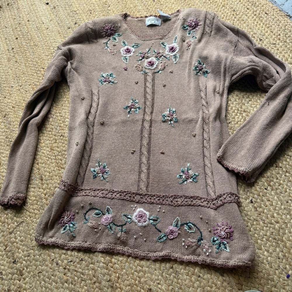 Vintage Cervelle Cottage Floral Embroidered Ramie Cotton Sweater Taupe Brown 1X